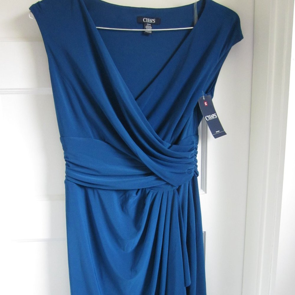 NWT Chaps by Ralph Lauren Ruched Faux Wrap Sleeveless Jersey Dress in Royal Blue